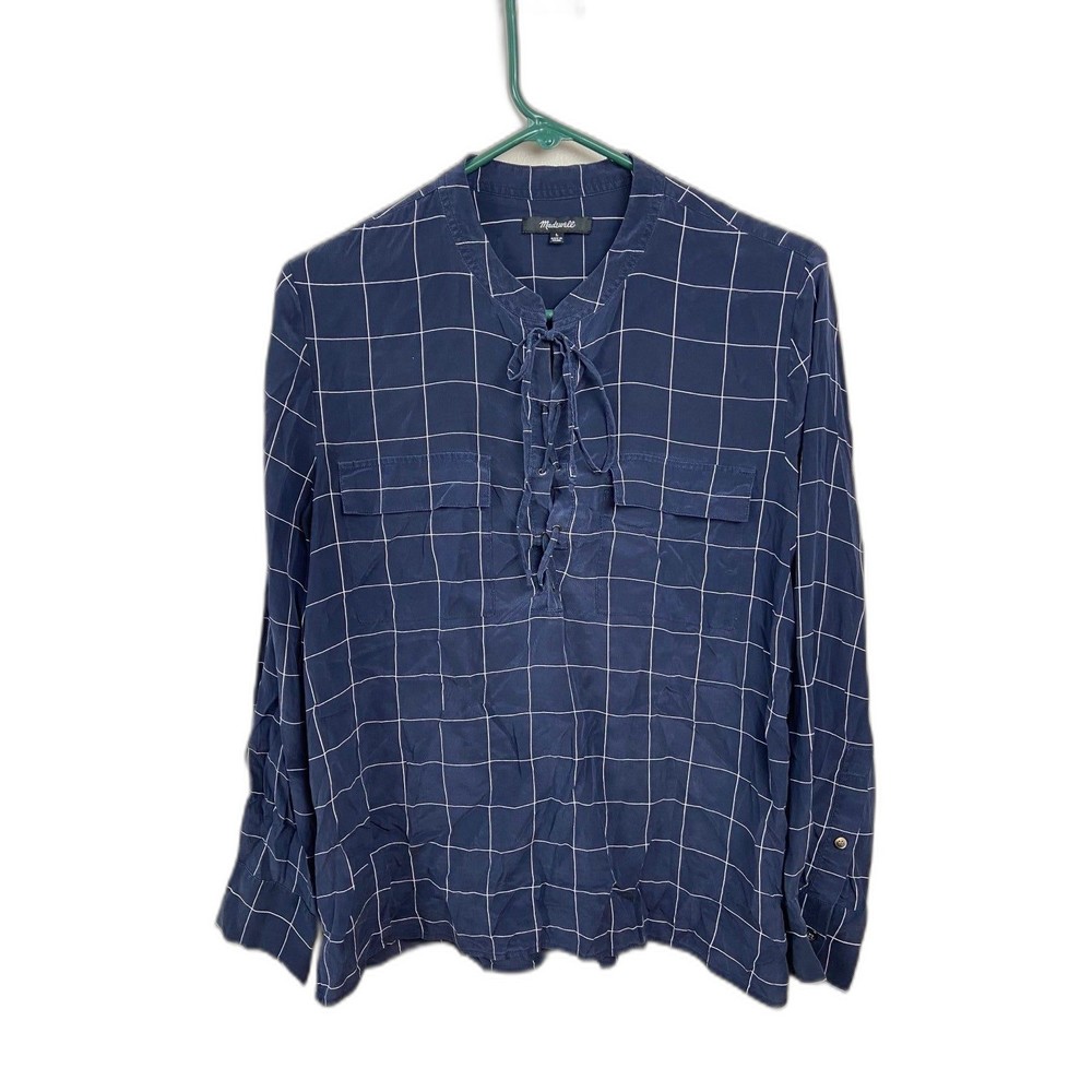 Madewell Silk Lace-Up‎ Windowpain Plaid Shirt